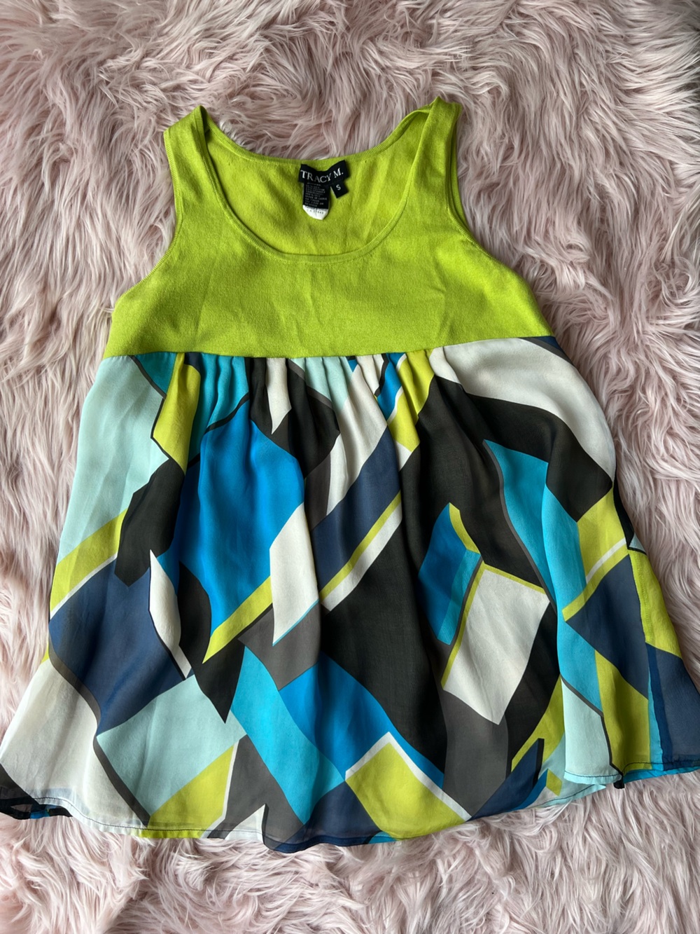 Tracy M Silk Lime Green & Blue Geometric Print Camisole Small